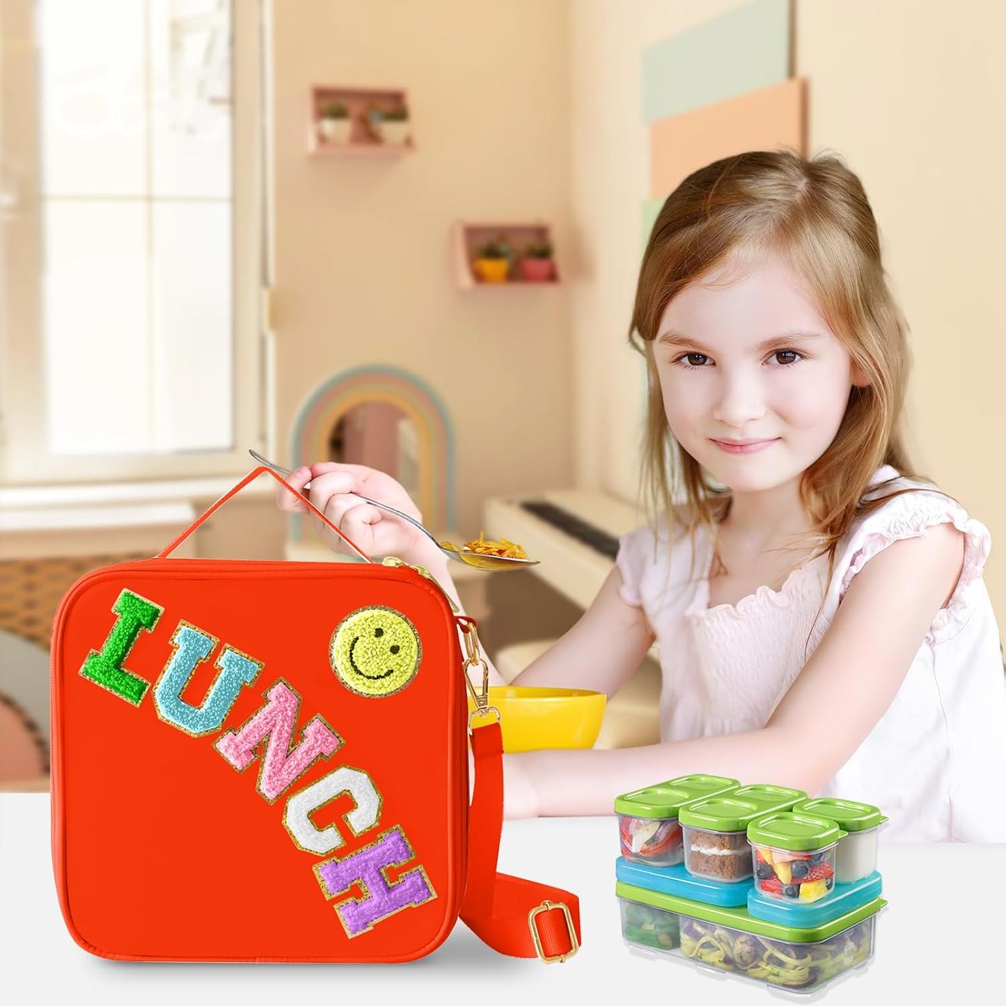 Insulated Lunch Bag With Adjustable Shoulder Strap, Nylon Preppy Lunch Box Large Insulated Lunch Bag Reusable Lunch Tote Bag with Smiley Preppy LunchBag for Girls School Travel Picnic (Green)