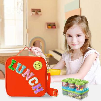 Insulated Lunch Bag With Adjustable Shoulder Strap, Nylon Preppy Lunch Box Large Insulated Lunch Bag Reusable Lunch Tote Bag with Smiley Preppy LunchBag for Girls School Travel Picnic (Green)