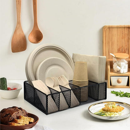 Dysanvica Metal Paper Plate Holder - Utensil Silverware Caddy for Kitchen Counter Cabinet Cutlery Flatware Organizer Storage Dispenser Box for Plastic Spoon Fork Plates Napkins Cup Party Camping White