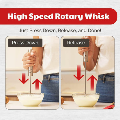 Stainless Steel Push-Down Rotary Egg Beater Hand Whisk 2 Pack 12 & 14 Inch