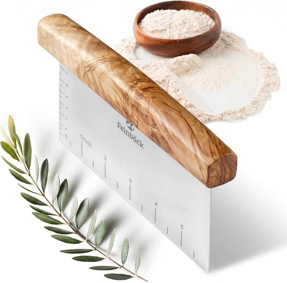 Olive Wood 3"x 6" Bench Scraper, Stainless Steel