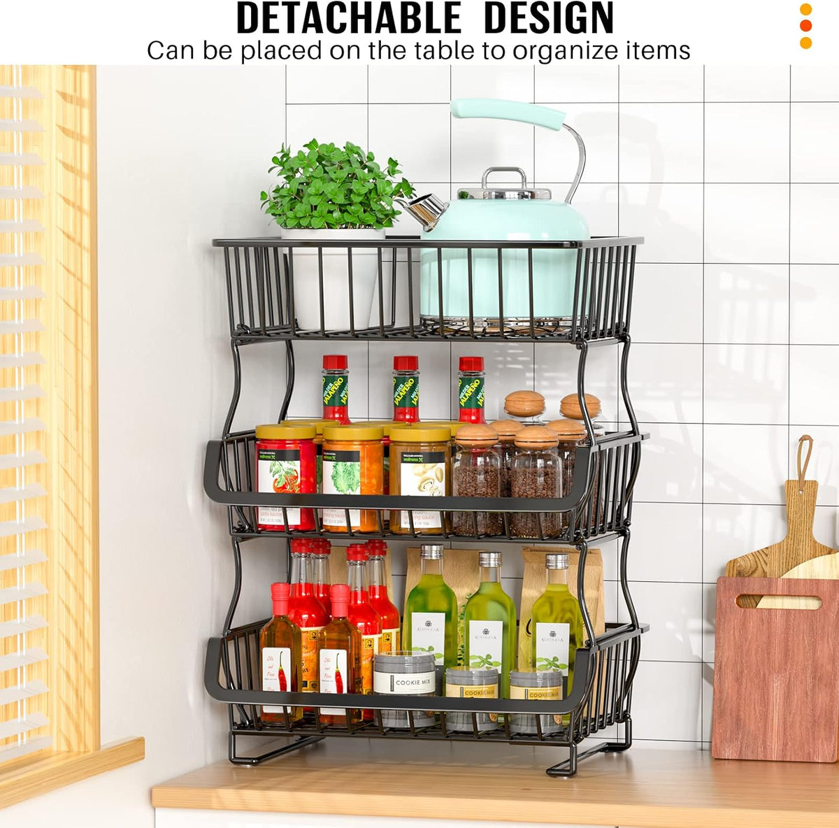 Gsiekare 3-Tier Rolling Pantry Organizer and Storage Cart with Wheels | Stackable wire pantry baskets for pantry shelves, fruit basket stand, easy to move, storage rack for food snack onion potato