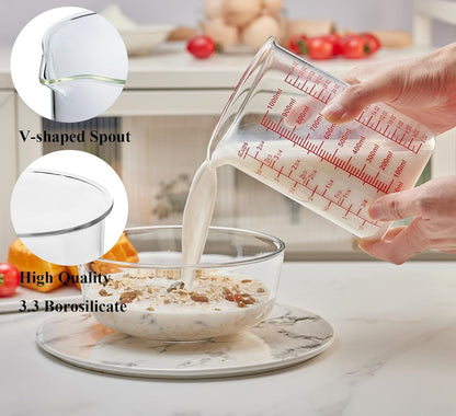 3 Piece Glass Measuring Cup Set, Includes 1/2-Cup, 1-Cup, and 2-Cup High Borosilicate Glasss Liquid Measuring Cups, Dishwasher, Freezer, Microwave, and Preheated Oven Safe, Essential Kitchen Tools