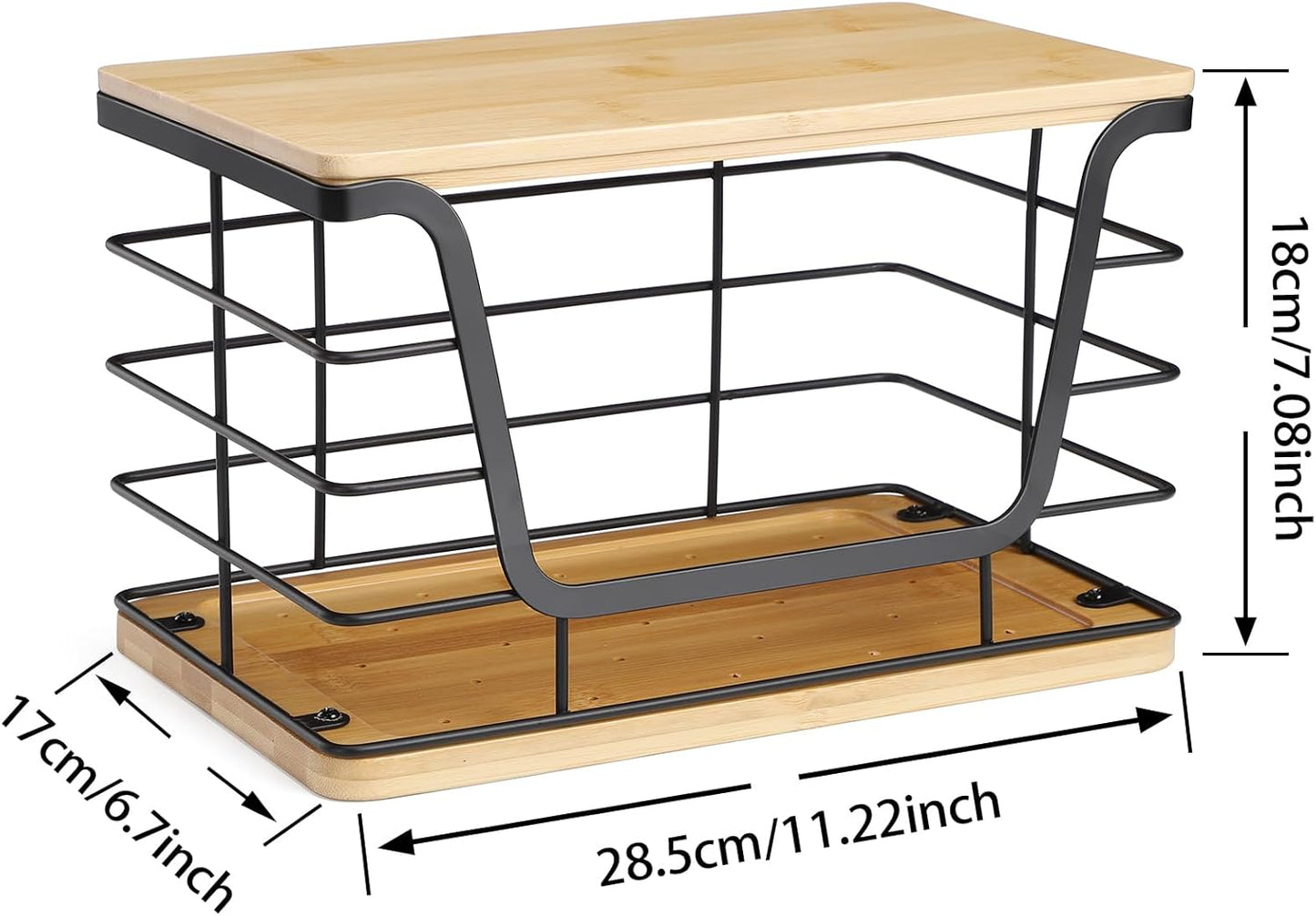 ALOCEO 2 Pack Stackable Wire Storage Basket with Bamboo Lid, Trash Bag Dispenser Under Sink for 4-13 Gal Bags, Kitchen Storage Bins for Potato and Onion, Brown