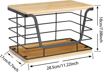 ALOCEO 2 Pack Stackable Wire Storage Basket with Bamboo Lid, Trash Bag Dispenser Under Sink for 4-13 Gal Bags, Kitchen Storage Bins for Potato and Onion, Brown