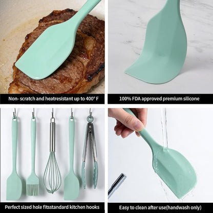 Silicone Kitchen Utensils Set - 5 Pcs Spatula Set with Holder, Heat Resistant, Dishwasher Safe (Green)