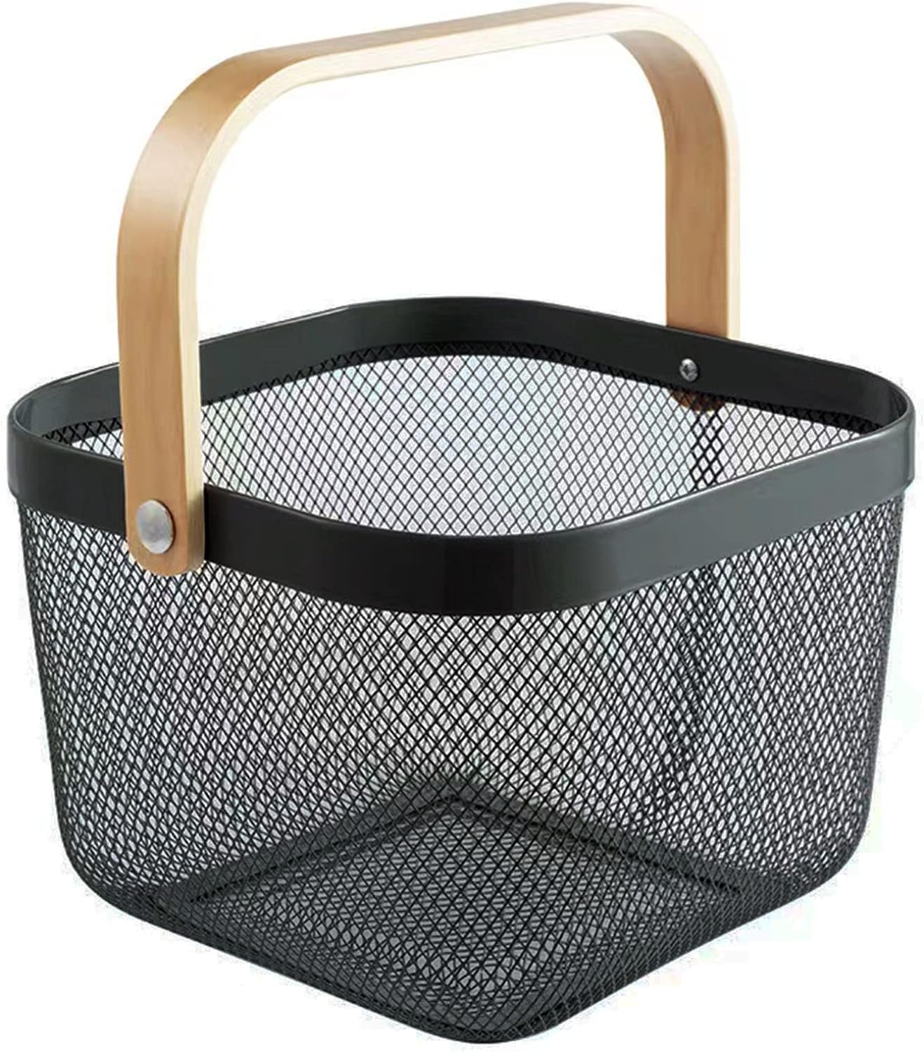 AJIODA Metal Mesh Steel Basket, Storage Organizer Basket Multi-functional Hanging Kitchen Baskets Fruit Basket Bin with Bamboo Handle for Kitchen Bathroom Picnic Shopping Decor Cabinet Home, Blue