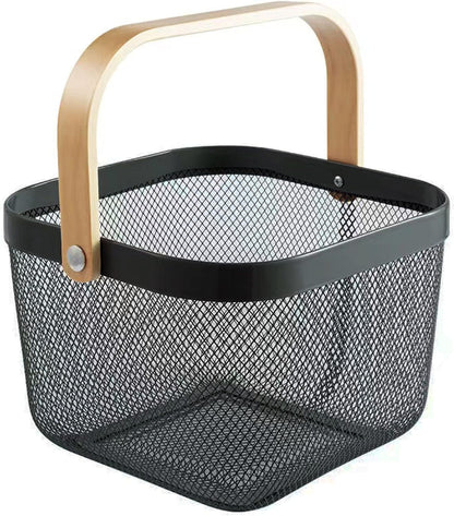 AJIODA Metal Mesh Steel Basket, Storage Organizer Basket Multi-functional Hanging Kitchen Baskets Fruit Basket Bin with Bamboo Handle for Kitchen Bathroom Picnic Shopping Decor Cabinet Home, Blue
