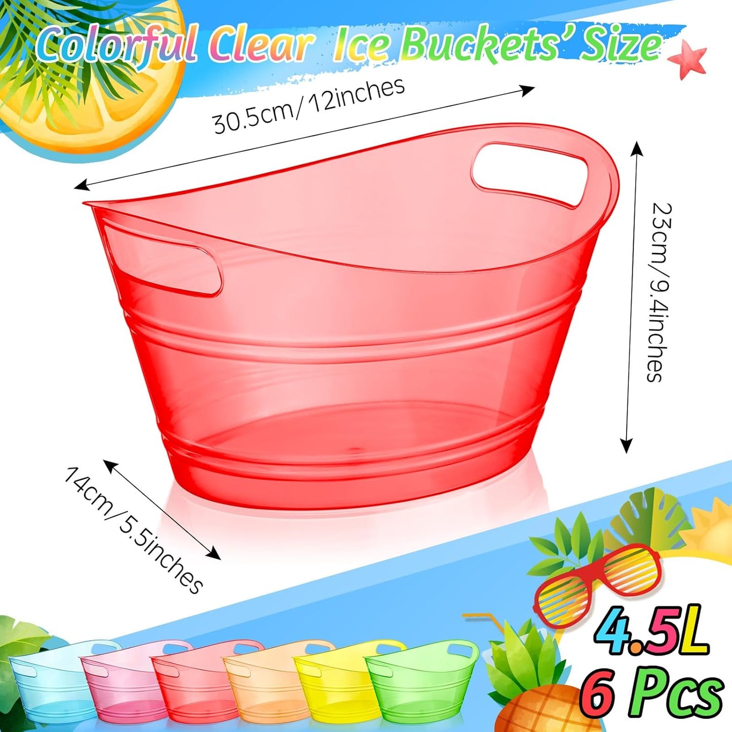 meekoo 6 Pcs Plastic Ice Buckets Bulk with Handles 4.5L Oval Storage Tub Large Capacity Ice Drink Bucket for Party Bar Wine Beer Champagne Beverage Bottle Cooler (4.5 L,Orange)