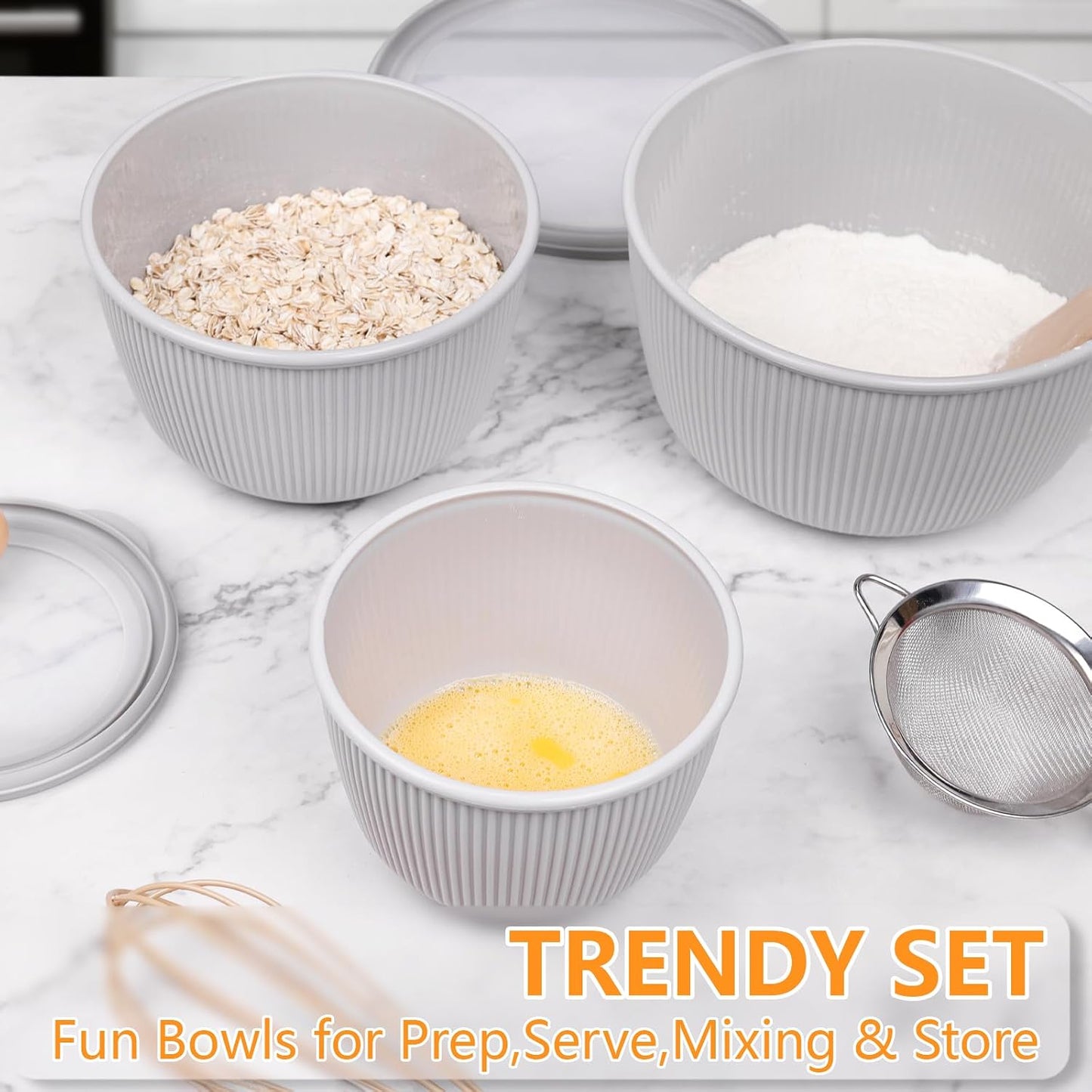 BoxedHome Plastic Mixing Bowls with Lids Set,4.97QT Large Capacity Deep Nesting Bowl,8 Pieces Set BPA-Free Prep Bowls,Dishwasher & Microwave Safe,Beige