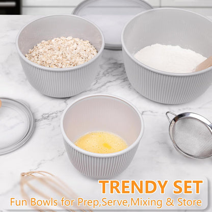 BoxedHome Plastic Mixing Bowls with Lids Set,4.97QT Large Capacity Deep Nesting Bowl,8 Pieces Set BPA-Free Prep Bowls,Dishwasher & Microwave Safe,Beige
