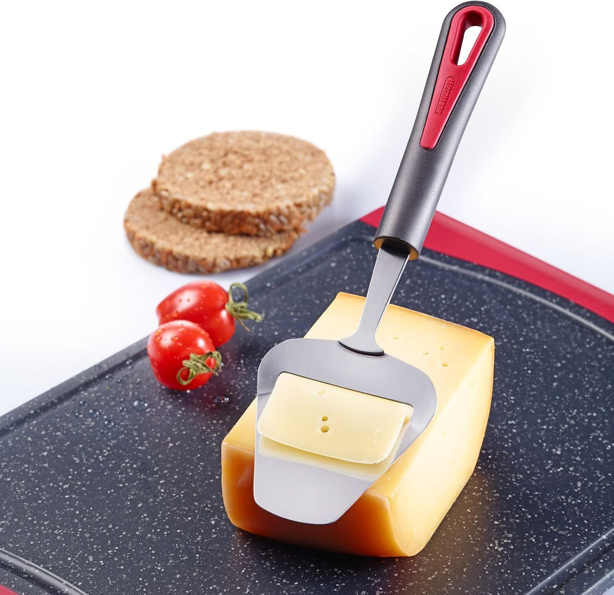 Westmark Stainless Steel Cheese Slicer – Multi-functional German Cheese Slicer, Handheld Hard & Semi-Hard Cheese Cutter, Adjustable Cheese Shaver, Ergonomic Handle, Dishwasher Safe, Red/Black