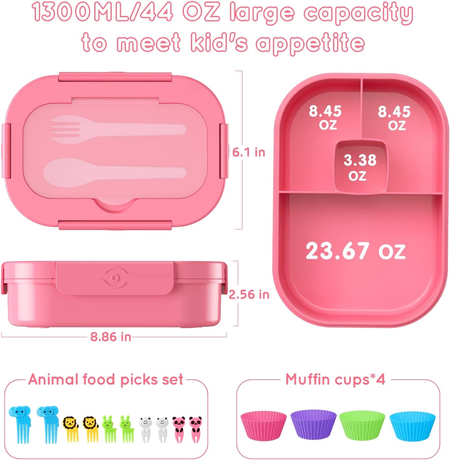 Lunch Box Kid Adult Bento Box, 4-Compartment Food Lunch Containers with Fork & Spoon, BPA Free, Leak-Proof Bento-Style Lunch Box for Work School, Microwave & Dishwasher Safe (Candy)