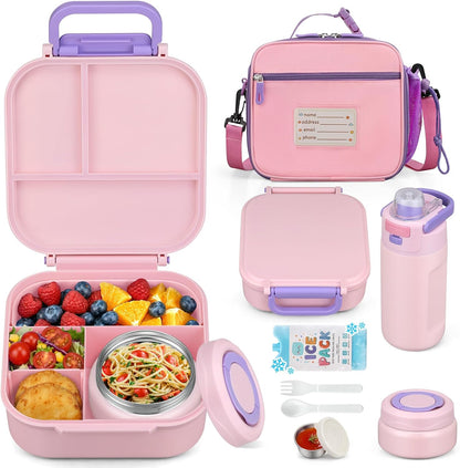 Itslife Bento Box for Kids Set, Insulated Food Container,Kids Lunch Box, 7 oz Thermos for Hot Food, 12 oz Thermos Water Bottle, Reusable Insulated Ice Bag & Fork Spoon Utensils Camping Travel Pink