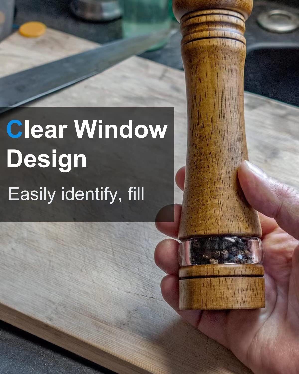 Pepper Grinder Salt Grinder Wooden Pepper Mill Grinder w/Adjustable Coarse, 8 inch Tall Wood Refillable Manual Pepper Grinder Mill Peppermill for Black Peppercorn, Easy Clean w/Cleaning Brush
