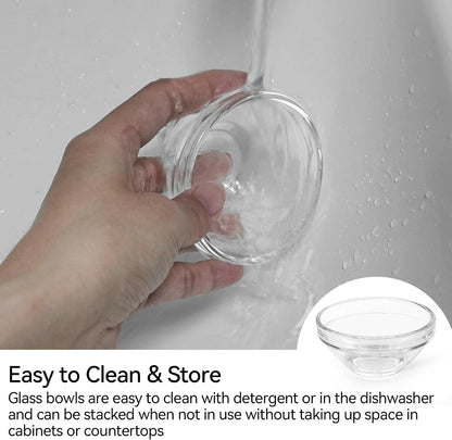 3" Clear Glass Pinch Bowls, 6 Pack 2.5oz Stackable Small Prep Dishes for Spices, Dipping Sauces, and Ice Cream Toppings - Dishwasher, Microwave, and Freezer Safe