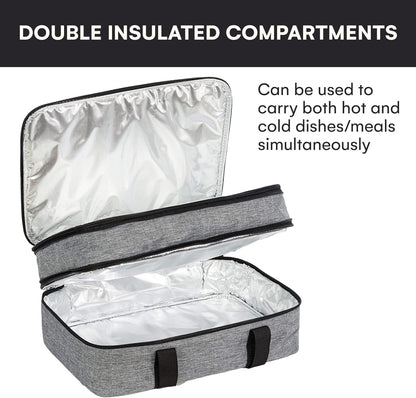 VP Home Large Casserole Carrier - Double Compartment Insulated Bag for Hot or Cold Food - Cupcake Carrier - Insulated Tote Bag with Lid for Travel Parties or Food Transport Containers - Heather Gray