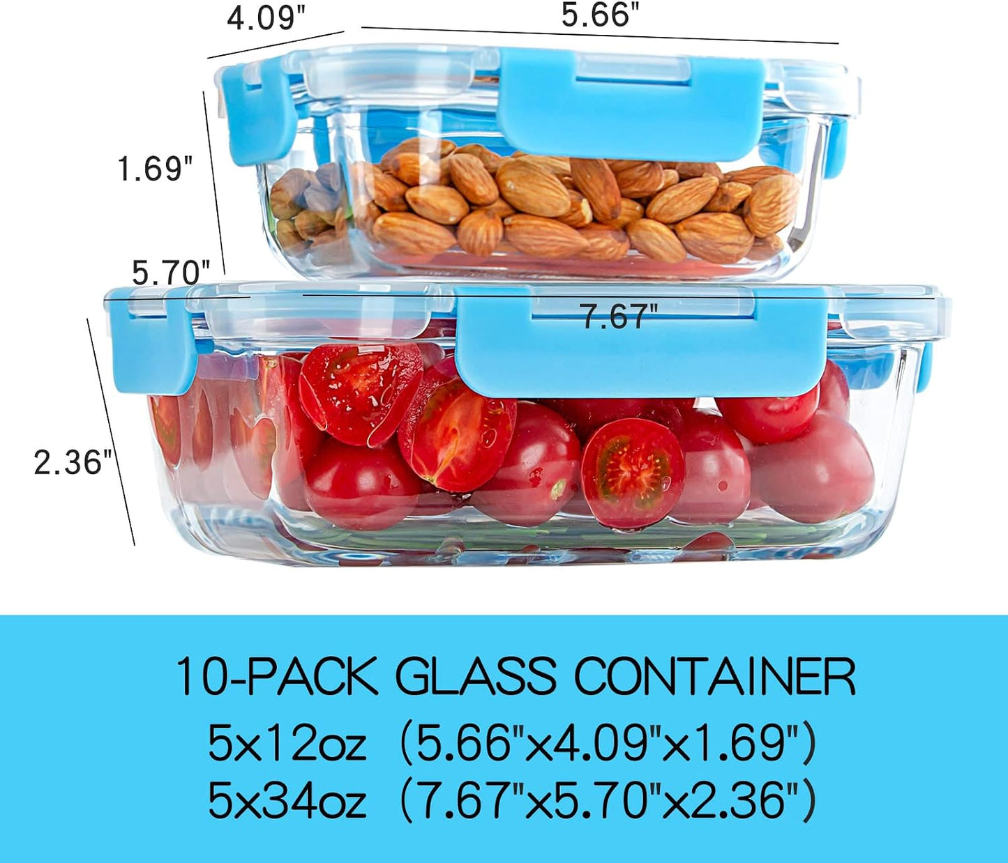 UMEIED 10 Pack Glass Food Storage Containers with Lids, Leakproof Airtight Glass Meal Prep Containers For Lunch, On The Go, Leftover, Dishwasher Safe