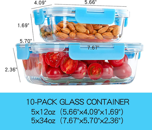 UMEIED 10 Pack Glass Food Storage Containers with Lids, Leakproof Airtight Glass Meal Prep Containers For Lunch, On The Go, Leftover, Dishwasher Safe
