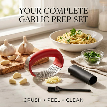 Angel's Peel Lounge Stainless Steel Garlic Press Rocker Set with Silicone Garlic Peeler & Cleaning Brush – Garlic Chopper, Mincer, Grater, Crusher – Easy for Crushed Cloves – Rust-Resistant, Black