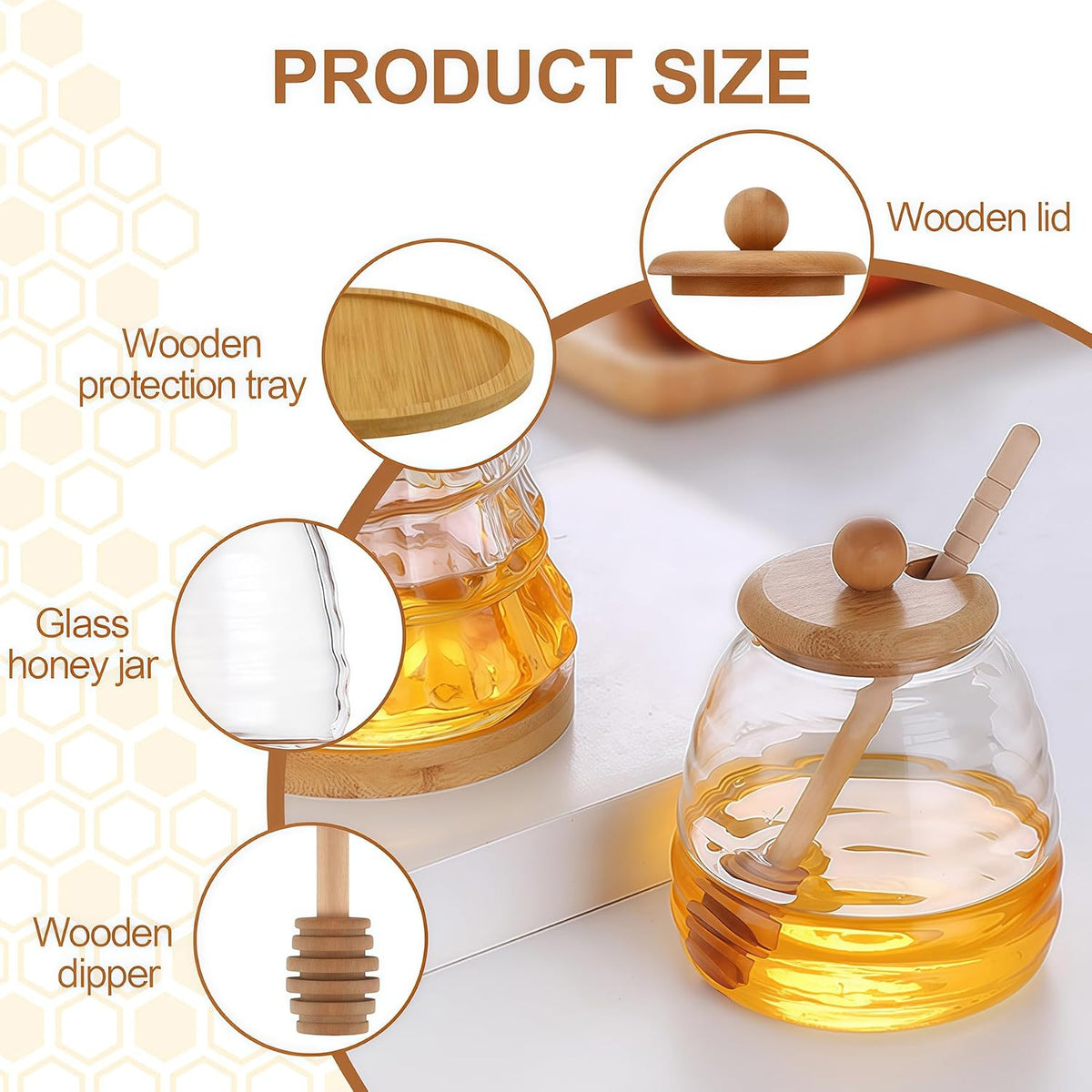 Empty Glass Honey Dispenser with Bamboo Lid & Dipper 16.7oz (500ml) Honey Pot Jam Jar Syrup Container for Kitchen Coffee Tea Home Café