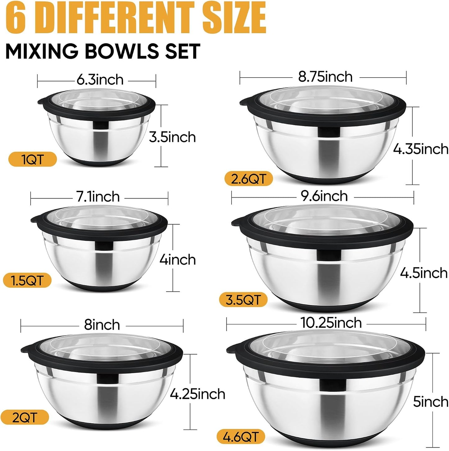 P&P CHEF Khaki Mixing Bowls Set of 6, Stainless Steel Mixing Bowl with Visible Lids for Salad, Metal Nesting Serving Bowls for Kitchen Cooking Prepping Storing Food, 4.6/3.5/2.6/2/1.5/1 QT