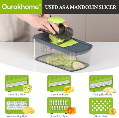 Ourokhome Mandolin Slicer for Kitchen Food, Hand Safe Vegetable Shredder with 6 Mandoline Blades, Veggie Waffle Cutter for Potato, Carrot, Zucchini, Onion, Essential Kitchen Gadgets (6 in 1, Gray)