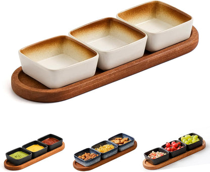 Chip and Dip Serving Set, Ceramic Dipping Sauce Bowls with Wooden Tray, 3.5 inch Side Dishes Set of 3 for Entertaining, Party, Buffets, Appetizers, Snacks and Sushi, Blue