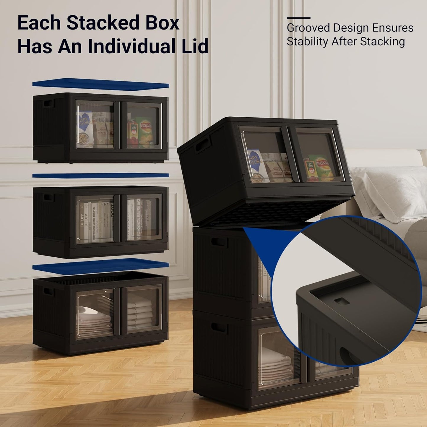 FLEXIMOUNTS 304 QT Stackable Storage Bins With Lids, Collapsible Plastic Storage Bins, Closet Organizers and Storage Containers with Doors and Built-in Wheels For Home, 4 Pack Cubes, Black