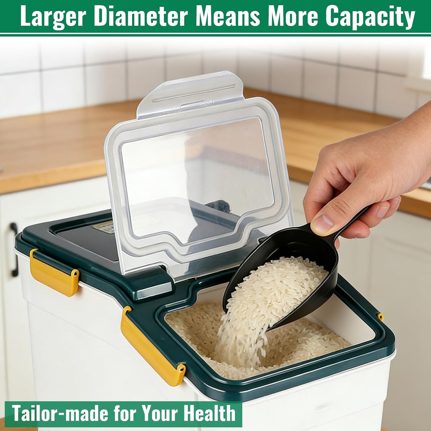 2 Pack Rice Container 50 lbs Large Bulk Flour Sugar Storage Holdhouse Plastic Grain Cereal Dry Goods Bin with Spoon and Measuring Cup for Kitchen Pantry Organization - Green