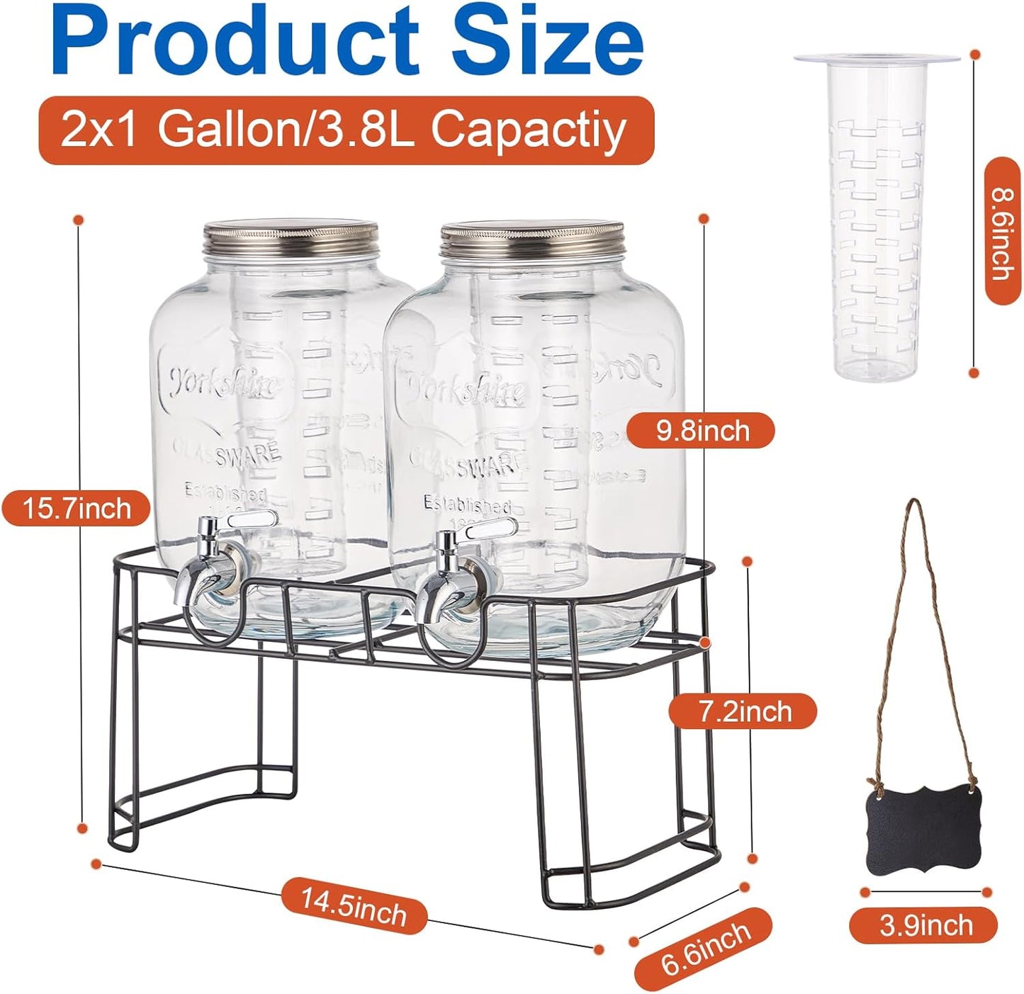 1 Gallon Glass Drink Dispensers for Parties, 2 Pack Beverage Dispenser with Stand, Fruit Infuser & Leakproof Stainless Steel Spigot, Juice Dispenser for Lemonade, Iced Tea, Sun Tea & Infused Water