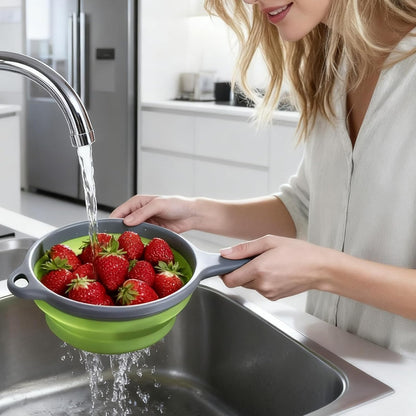 Three-Piece Collapsible Strainer - Made of Silicone with a Plastic Handle, Used for Draining Pasta, Vegetables, and Fruits - Space-Saving Kitchen Straining Basket (green)