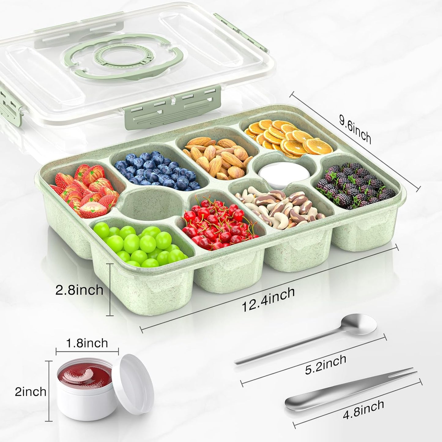 Snackle Box Container - Dishwasher Safe Divided Serving Tray with Lid and Handle for Fruits, Charcuterie, Nuts and Candy, Snack Containers Perfect for Travel Party Picnic, 2 Pack Green