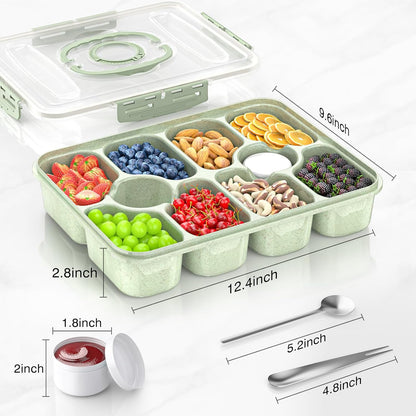 Snackle Box Container - Dishwasher Safe Divided Serving Tray with Lid and Handle for Fruits, Charcuterie, Nuts and Candy, Snack Containers Perfect for Travel Party Picnic, 1 Pack Green
