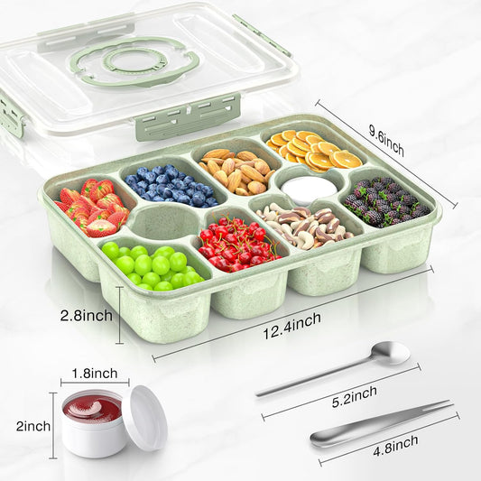 Snackle Box Container - Dishwasher Safe Divided Serving Tray with Lid and Handle for Fruits, Charcuterie, Nuts and Candy, Snack Containers Perfect for Travel Party Picnic, 1 Pack Green