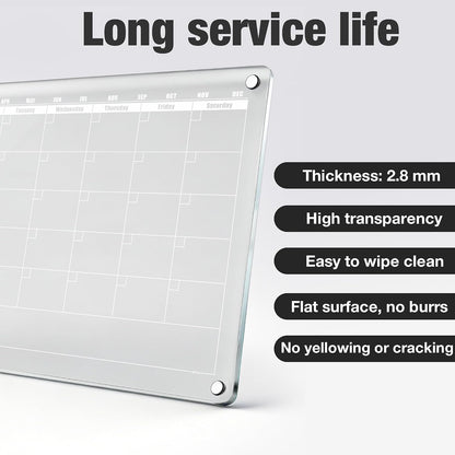 Acrylic Magnetic Dry Erase Calendar for Fridge Clear 37 * 27cm Vertical Weekly Meal Planner Menu Erasable Whiteboard Planning Board White 15" x 11" in/ 6 Color Wet Erase Marker
