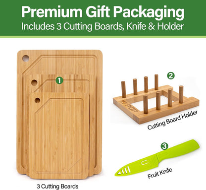 Wood Cutting Board Set of 4, Wooden Chopping Boards with Food Icons for Kitchen, Charcuterie Board for Meat, Vegetables, Fruits, Cheese
