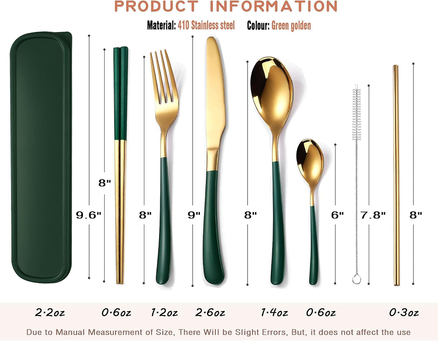 AARAINBOW 7 Pieces Stainless Steel Flatware Set Portable Reusable Cutlery Set Travel Utensils Set Including Chopsticks Knife Fork Spoon Straws Cleaning Brush Dishwasher Safe (B-Pink Golden)