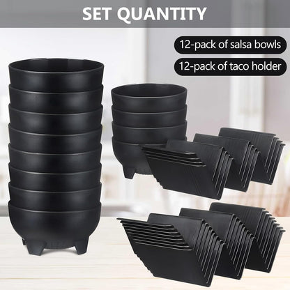 FoldTier Mexican Taco Holder Stands with Salsa Bowls Set of 24 Food Grade Plastic Dishwasher Safe Upright Trays Dipping Bowls For taco Night, Cinco De Mayo, Family Gatherings, Party(Black)
