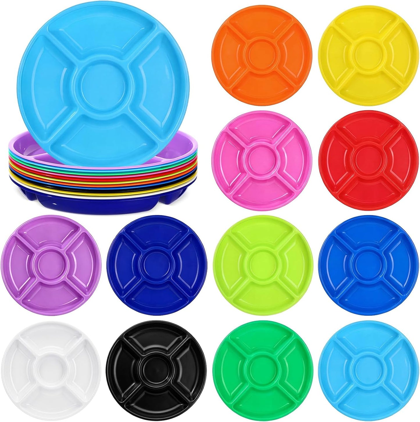 24 Pcs 5 Sectional Plastic Divided Serving Trays Bulk 12 Inch Round Chip and Dip Plates Fruit Veggie Appetizer Platter Snack Tray for Holiday Party Family Gathering(Black)