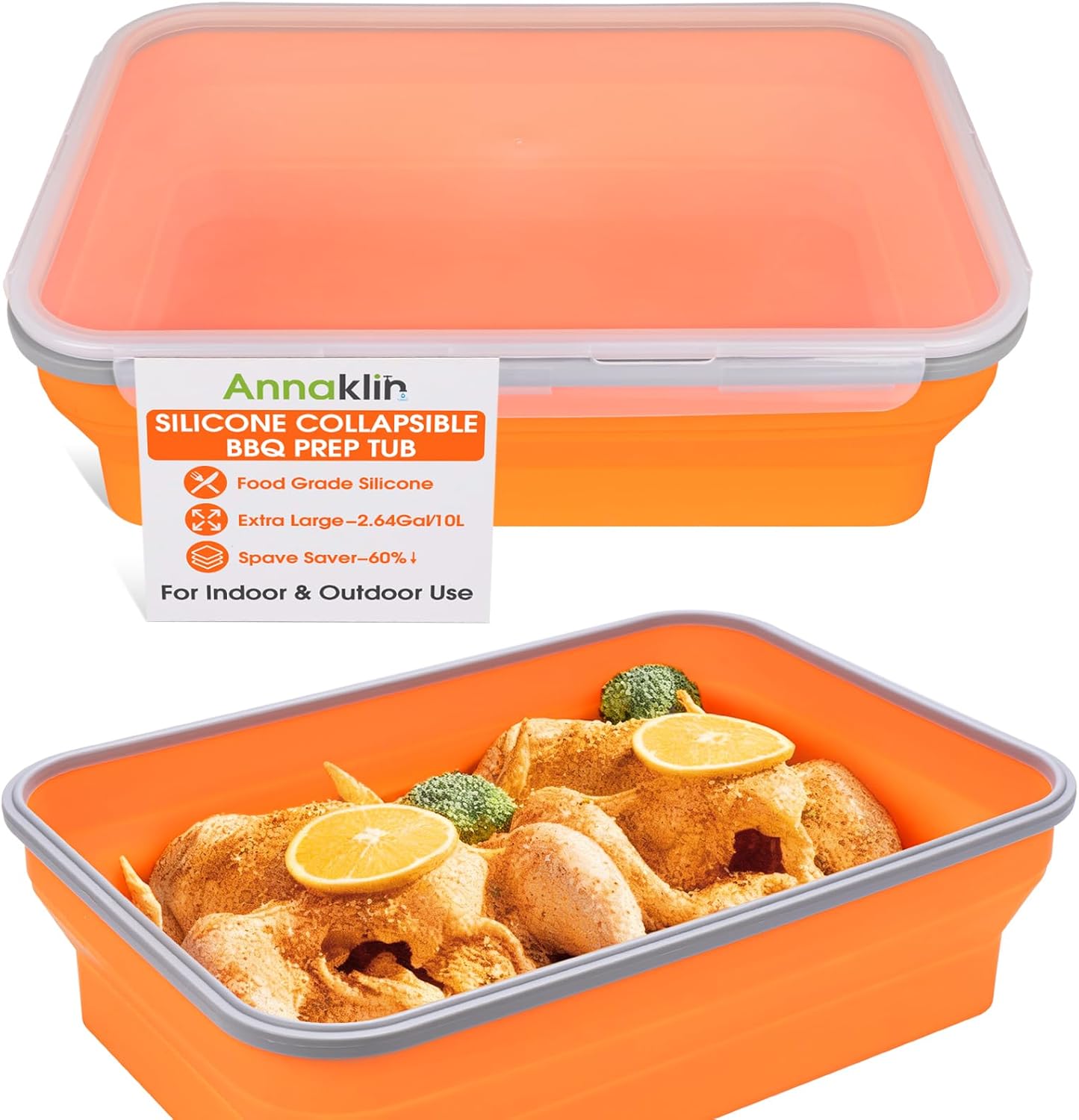 Silicone Collapsible Marinating Container with Lid for Meat, 2.64Gal/10L, Extra Large Collapsible BBQ Prep Tub, Transparent Locking Lid, XL Grill Prep Trays and Carry System, BBQ Must-Have, Black