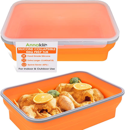 Silicone Collapsible Marinating Container with Lid for Meat, 2.64Gal/10L, Extra Large Collapsible BBQ Prep Tub, Transparent Locking Lid, XL Grill Prep Trays and Carry System, BBQ Must-Have, Black