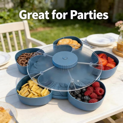 Divided Serving Tray that Spins - Perfect for Snacks, Dips & Party Appetizers, Rotating Snack Box Container with Lid, Organizer Veggie Fruit Tray for Kitchen,Travel and Picnic (Grey)