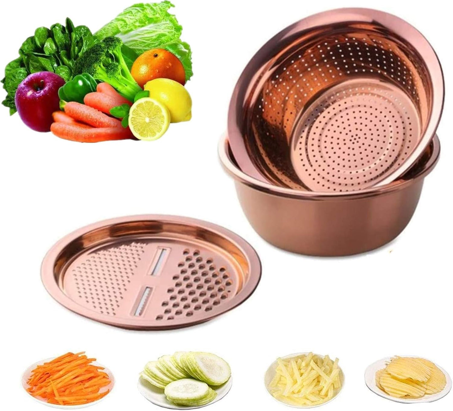 3PC/Set Colander set Stainless Steel Vegetable Slicer Fruit Potato Peeler Carrot Grater Strainer Utensil Round Rice Washer Bowl Drain Basket-Gold
