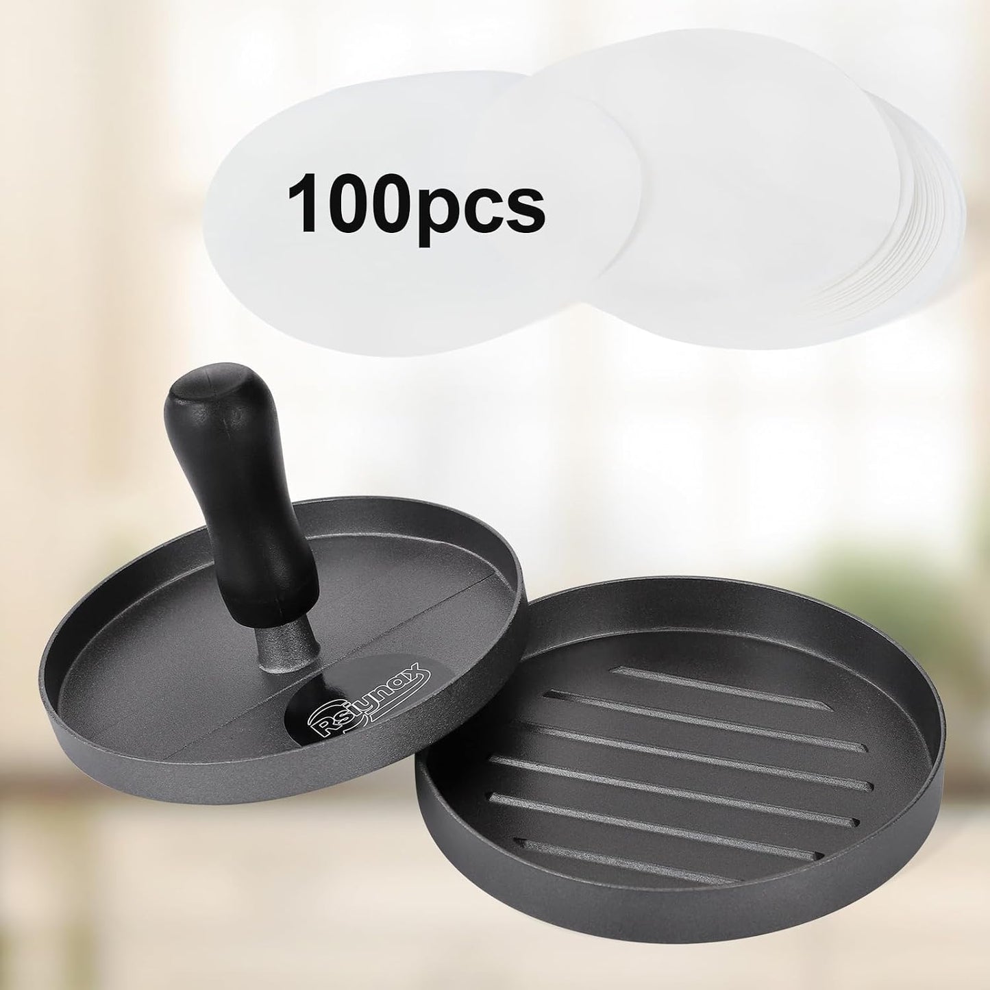 Burger Press Patty Maker, Non-Stick Aluminum Hamburger Mold with 100 Patty Papers for Kitchen Grill BBQ Camping