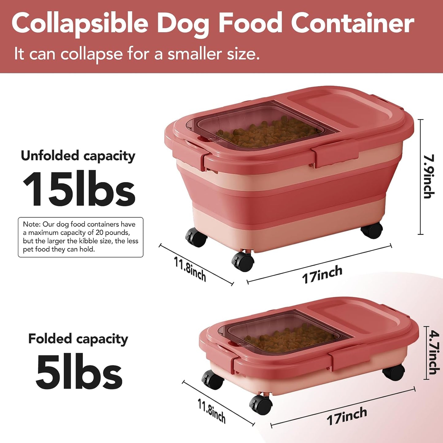 Summark 15 Lbs Dog/Cat Food Storage Container,Collapsible Food Storage Containers with Rolling Wheel Airtight Locking Lid,Pet Food Storage Container with Cup and Scoop,Grey