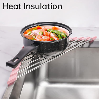 Tomorotec Foldable Stainless Steel Triangle Roll-Up Dish Drying Rack for Small Sink Corners - Over-The-Sink Multipurpose Kitchen Drainer, Rustproof Organizer, Trivet and Shelf - Space-Saving (Black)