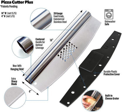 gemiknife Pizza Cutter Plus. Premium 14” Sharp Rocker Slicer + Built In Cheese Grater. Thick & Sturdy Stainless Steel Blade + Centered Handle + Protective Knife Cover + Dishwasher Safe.