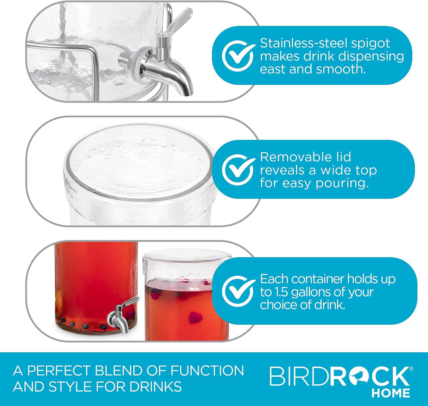 BIRDROCK HOME Beverage Dispenser with Stand & Stainless Steel Spigot - Hammered Glass Drink Dispenser for Parties Home & Events - Ideal for Serving Tea, Lemonade, Juice, Sangria, Cocktail - 1.5 Gallon