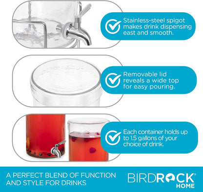 BIRDROCK HOME Beverage Dispenser with Stand & Stainless Steel Spigot - Hammered Glass Drink Dispenser for Parties Home & Events - Ideal for Serving Tea, Lemonade, Juice, Sangria, Cocktail - 1.5 Gallon